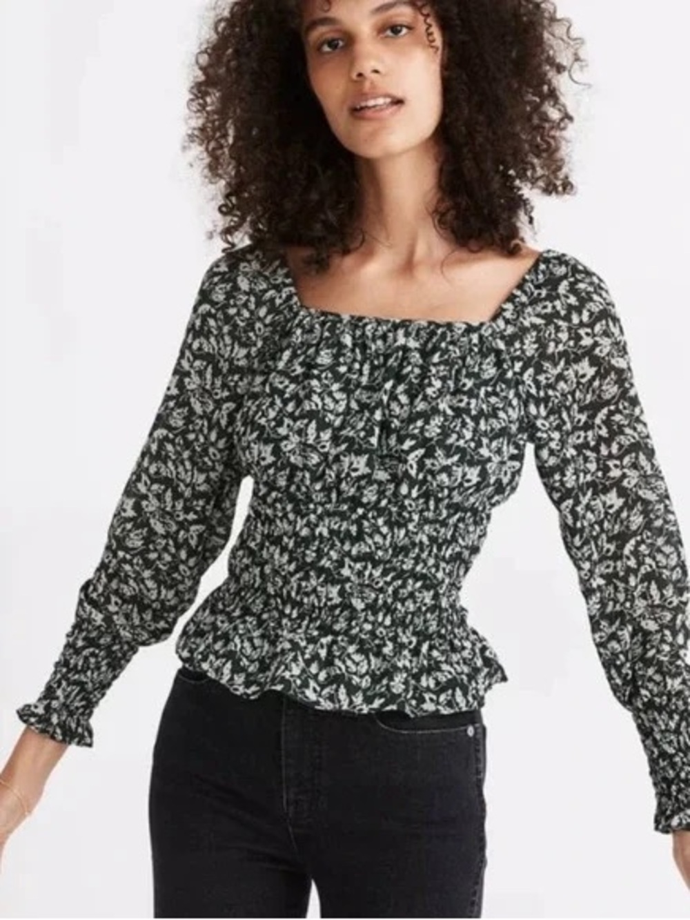 Madewell Black and White Smocked Square-Neck Floral Blouse